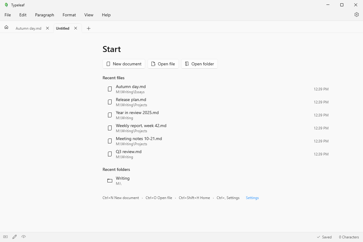 Typeleaf screenshot: Home page, tabs and windows