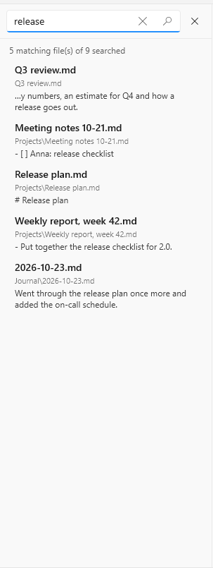 Typeleaf screenshot: Folders, search and outline